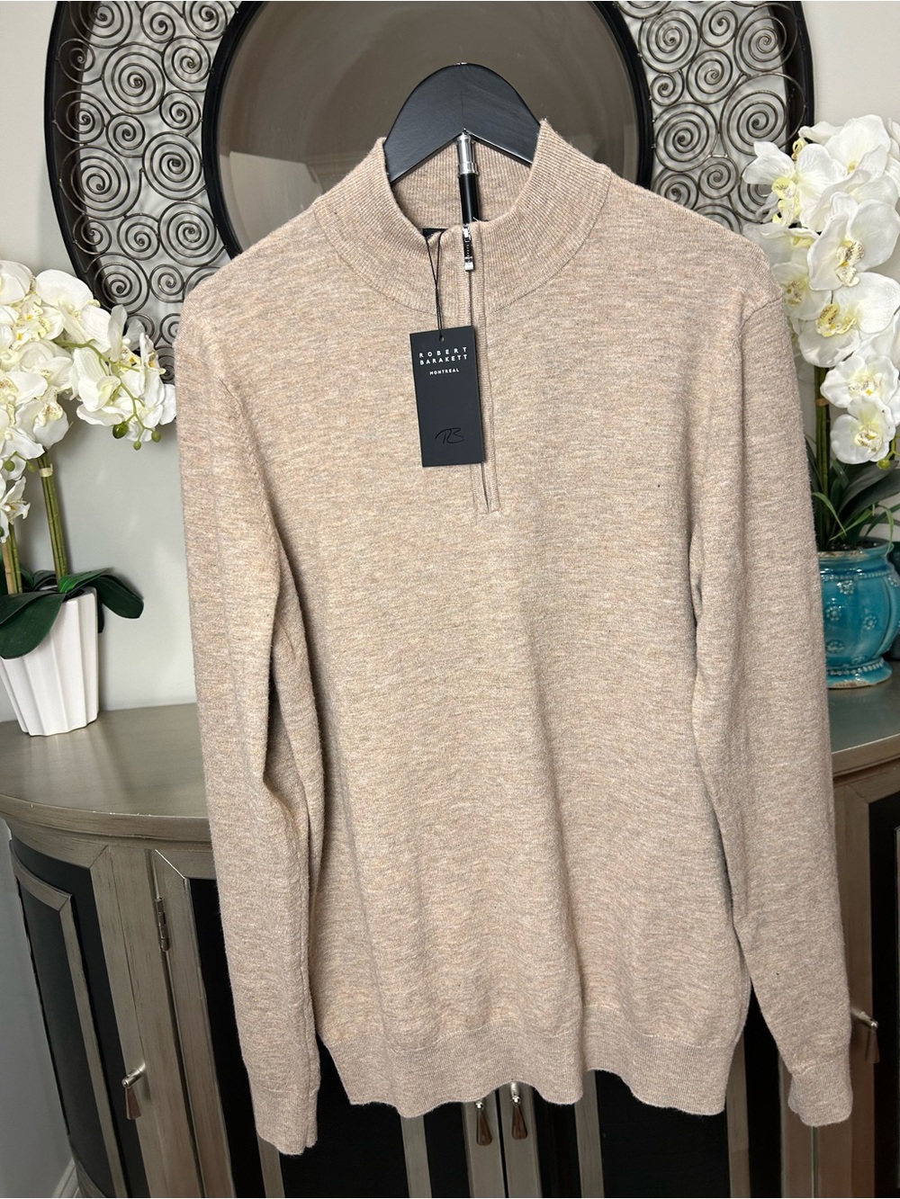 Robert Barakett Beige Heathered Half-Zip Turtleneck Sweater